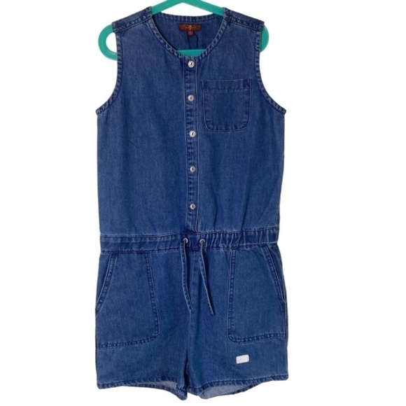 NWT 7 For All Mankind Girl Sleeveless Denim Romper Button Front Medium Wash Sz L - Picture 1 of 13
